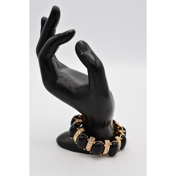 Stretchy Bracelet Black Cabochon Rhinestone Crystal Gold Tone Shiny Bin6 - Picture 5 of 12